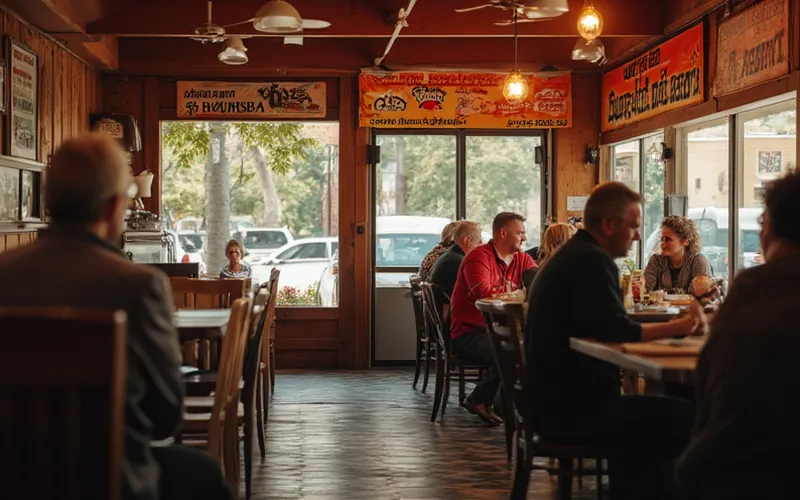 An inviting scene at Dougs Place in Emerson during a morning broadcast event. The cozy diner is bustling with people enjoying breakfast, with a warm and friendly atmosphere. Bright banners for the event and the Credit Union of Georgia sponsorship are visible, adding a lively touch to the setting.