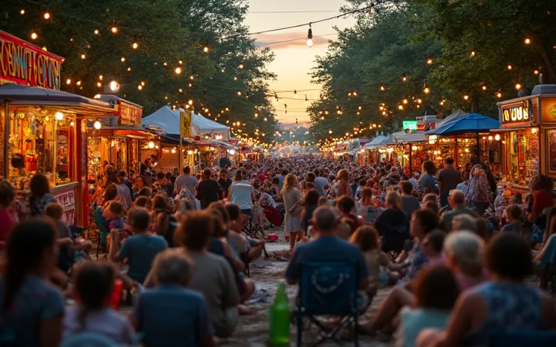A lively street festival scene on Market Street during the evening, with a warm summer glow from streetlights and festive decorations. Food trucks with colorful signage line the street, offering diverse cuisines, while a crowd of people enjoys live music from a small stage where Ben Honeycutt performs. Attendees relax in their lawn chairs, sipping on drinks from local vendors, creating a vibrant and welcoming community atmosphere.