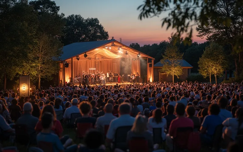 A vibrant outdoor Southern gospel music event at Singing Echoes Music Park in Cleveland, TN, featuring a stage surrounded by lush greenery. Audience members sit on lawn chairs, enjoying the music under a clear evening sky. The atmosphere is joyful and communal, with warm, ambient lighting enhancing the peaceful setting.