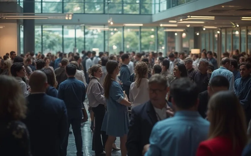 a busy business networking event happening within an office building with people wearing business casual clothing