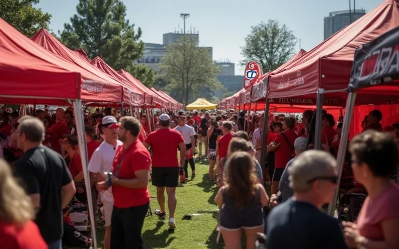 A lively tailgate party scene with a group of enthusiastic UGA football fans gathered under red and black tents, adorned with University of Georgia banners and flags. The atmosphere is vibrant and energetic, with people dressed in team colors, enjoying music from large speakers, and engaging in animated conversations. Bright, sunny weather casts dynamic shadows, adding to the festive mood as fans prepare for the game.