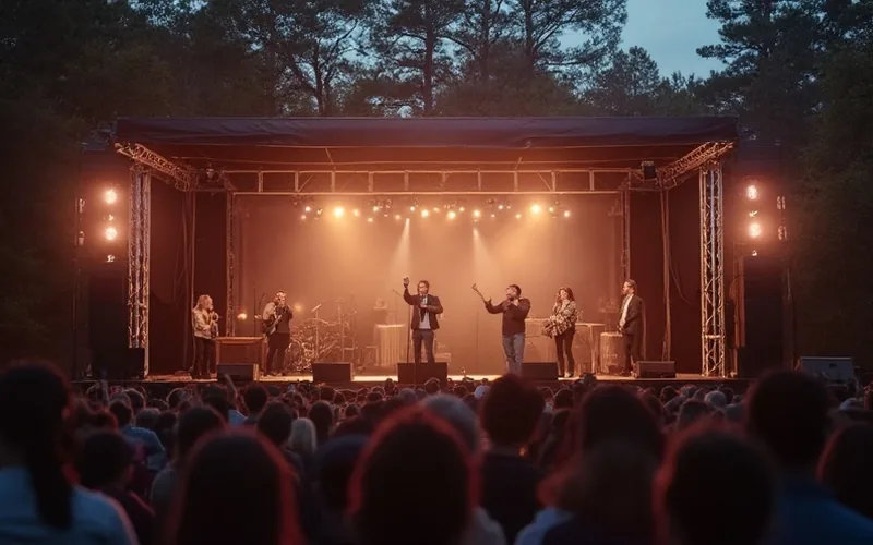 An outdoor stage set against the scenic backdrop of the Georgia mountains, featuring three gospel music groups performing. The vibrant atmosphere is filled with a lively crowd enjoying the music, with the stage adorned in warm, welcoming lighting. The setting conveys a sense of joy and community, capturing the essence of a Southern Gospel music festival.