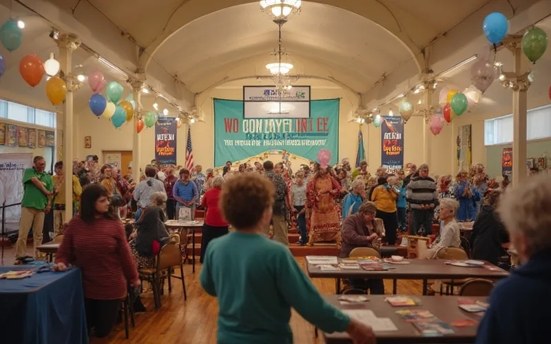 A vibrant community event scene at First Baptist Church in Ellijay, with banners promoting the No Falls Forum. The setting includes tables with informative brochures and experts giving talks on falls prevention. Attendees of diverse ages engage in a line dancing demonstration, with colorful decorations and a welcoming atmosphere, complemented by snack tables and festive balloons.