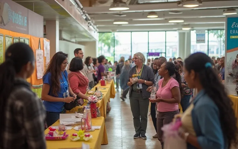A lively community health fair set in a bright, indoor venue with colorful booths offering health screenings and information. Friendly staff and attendees of diverse ages engaging with wellness displays and receiving giveaways. Banners for 101.1 The Pulse and cheerful, inviting atmosphere with natural lighting.