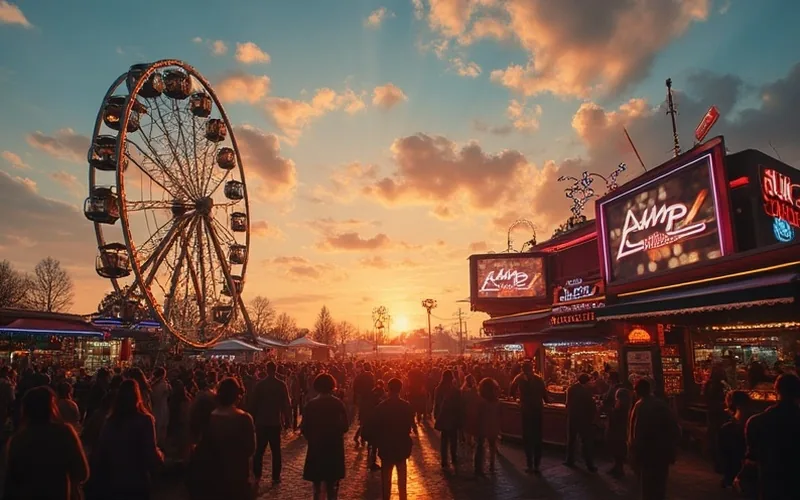 A lively county fair at sunset with a Ferris wheel, colorful booths, and crowds enjoying games and food. A radio station booth with The Pulse logo and friendly hosts broadcasting live, surrounded by smiling visitors. Warm, festive lighting and a cheerful, inviting atmosphere.