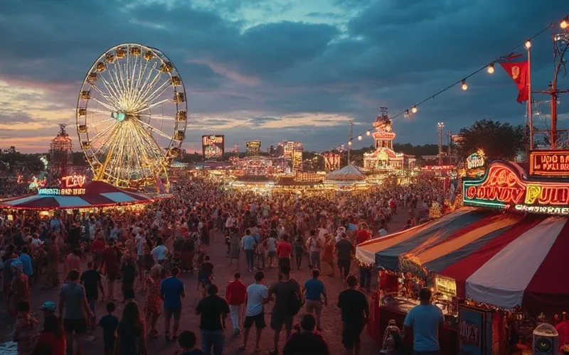 A vibrant county fair at dusk with colorful carnival rides, a large Ferris wheel, and strings of festive lights illuminating the midway. Crowds of families enjoy food stalls, music, and games, while a radio booth with 101.1 The Pulse signage stands prominently in the scene. The atmosphere is lively and cheerful, capturing the excitement of a community event.