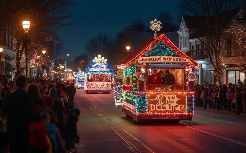 A festive Christmas parade moves through a small towns main street at night, colorful floats covered in twinkling lights and cheerful decorations. Crowds of families line the sidewalks, waving and smiling in the glow of holiday lights, as a 101.1 The Pulse radio station banner is visible on a float. The atmosphere is joyful and lively, with a clear winter sky and festive music filling the air.