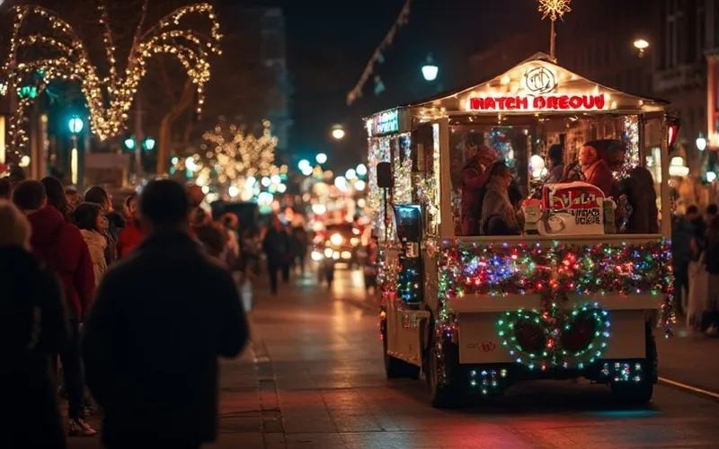 A festive nighttime Christmas parade in downtown Calhoun with crowds lining the streets, colorful lights illuminating decorated floats, and a prominent 101.1 The Pulse float adorned with holiday decorations and radio station branding. Cheerful people bundled in winter clothing wave and smile, while holiday music fills the air. A joyful, lively atmosphere with a warm, inviting glow from streetlights and decorations.