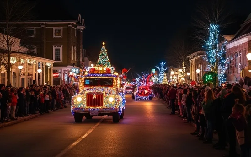 A festive nighttime Christmas parade in charming downtown Cartersville, colorful holiday lights illuminating cheerful crowds along the street. The Pulse 101.1 radio station float decorated with bright lights and holiday ornaments rolls by, staff waving and smiling. A joyful, lively atmosphere with music, families, and a sense of community celebration.