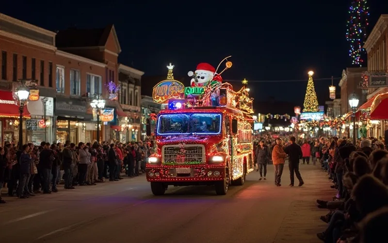 A festive small-town Christmas parade in downtown Jasper at night, with colorful lights illuminating cheerful crowds and decorated storefronts. The 101.1 The Pulse float stands out, adorned with bright banners and holiday decorations, surrounded by people enjoying music and holiday spirit. The atmosphere feels warm, joyful, and full of community charm.