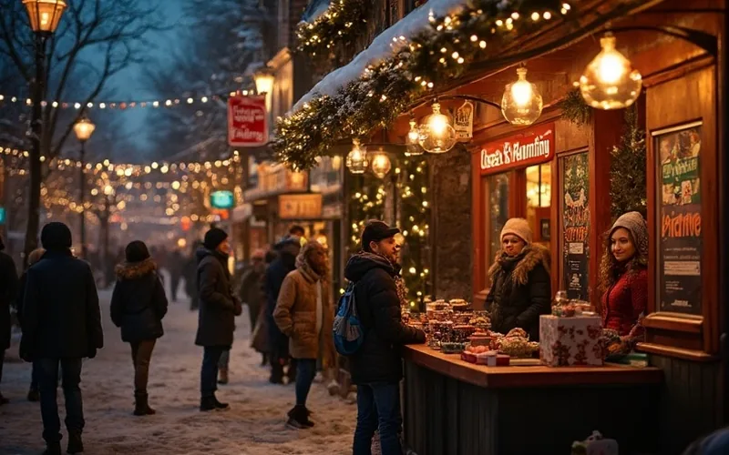 A festive Christmas Eve street party in front of a radio station, with Darien and Asa greeting people beside a table of Pulse-branded goodies. Bright holiday lights, cheerful decorations, and people in cozy winter clothes create a warm, joyful atmosphere. A banner for Casey’s Painting hangs nearby, and the scene glows with evening light.