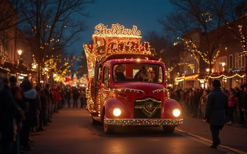 A festive Christmas parade at dusk in downtown Canton, Georgia, featuring The Pulse float adorned with twinkling lights, garlands, and cheerful decorations. Families bundled in winter clothing line the street, waving and smiling amid glowing streetlights and holiday music. A joyful, vibrant holiday atmosphere with a backdrop of small-town storefronts and Christmas decorations.
