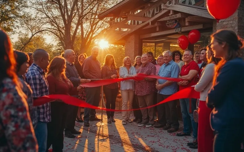 A festive ribbon cutting ceremony outside the Pickens County Chamber of Commerce, with a cheerful crowd gathered around a large red ribbon and a 101.1 The Pulse banner. Bright balloons and confetti add to the celebratory atmosphere. Late afternoon sunlight casts a warm glow over the scene.