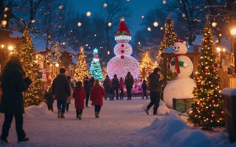 A festive winter park at dusk features whimsical snowman and snowscape displays glowing with colorful holiday lights. Families and children stroll along illuminated paths, sipping hot cocoa, with Santa, the Grinch, and other holiday characters posing for cheerful selfies. The scene is lively and joyful, with twinkling lights, decorated Christmas trees, and a cozy, magical atmosphere.
