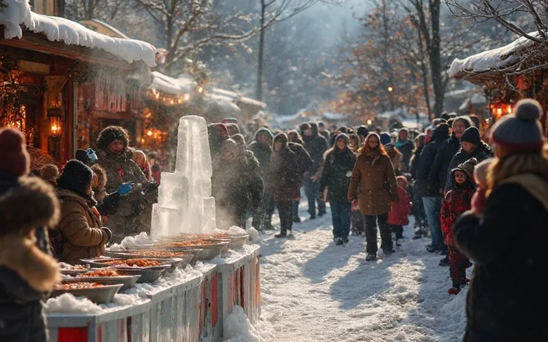 A lively winter festival scene in downtown Blue Ridge, with colorful booths and crowds bundled in cozy clothing. Ice sculptures glisten under soft daylight next to a fire dancer performing near steaming pots of chili, while families enjoy live music and face painting. The mood is festive and inviting, blending the contrasting elements of fire and ice.