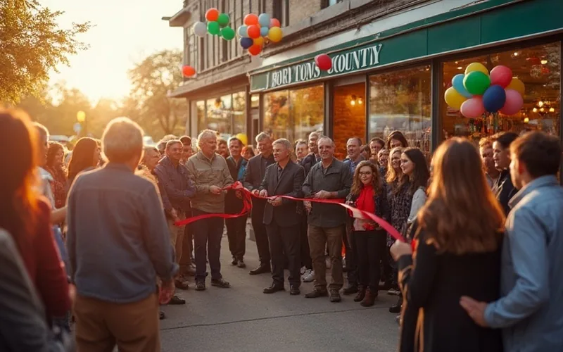 A festive ribbon cutting ceremony outside the Bartow County Chamber of Commerce, cheerful crowd, vibrant balloons, early morning sunlight, celebratory atmosphere.