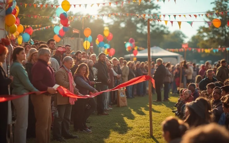 A festive outdoor radio event in Murray County with colorful balloons, a ribbon cutting, and a cheerful crowd under bright afternoon sunlight.