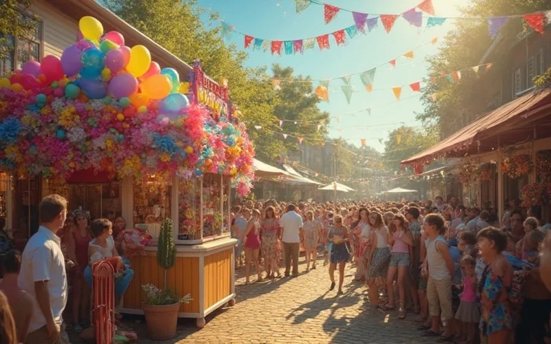 A festive outdoor birthday celebration in Calhoun with colorful balloons, a radio booth, cheerful crowd, and a sunny midday atmosphere.
