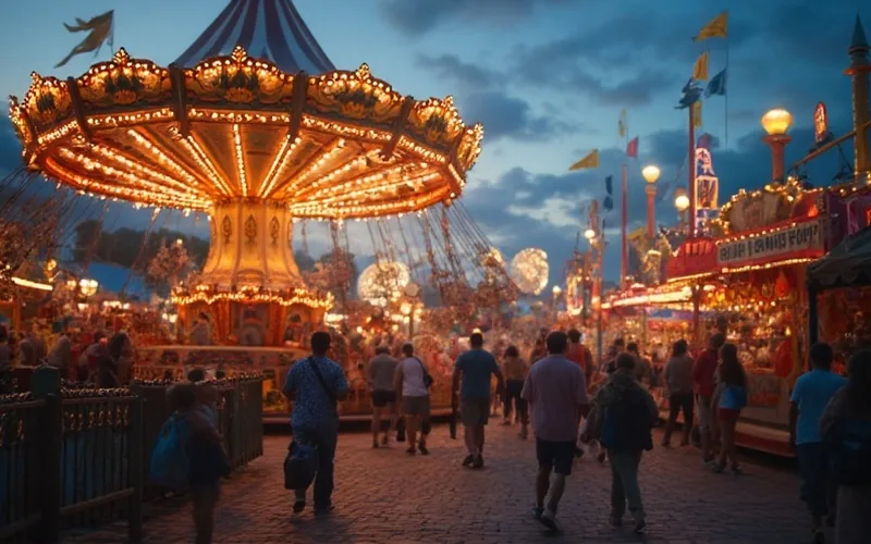 Festive spring carnival at North Georgia Fairgrounds with colorful rides, glowing lights at dusk, families enjoying games and treats, lively atmosphere.