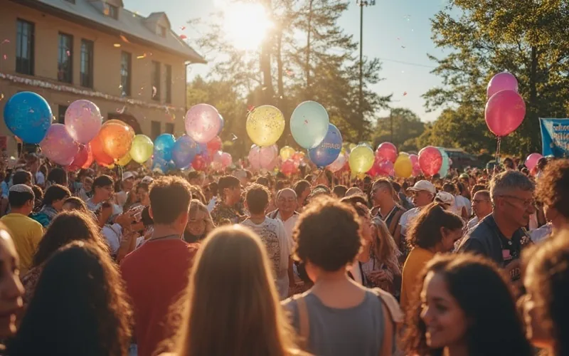 A lively morning birthday celebration with colorful balloons, banners, and cheerful people gathered outside the Cherokee County Chamber of Commerce in bright daylight.