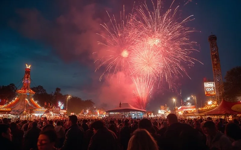 A festive crowd gathers at the North Georgia Fairgrounds under twilight skies, surrounded by food stalls and vibrant fireworks illuminating a patriotic celebration.