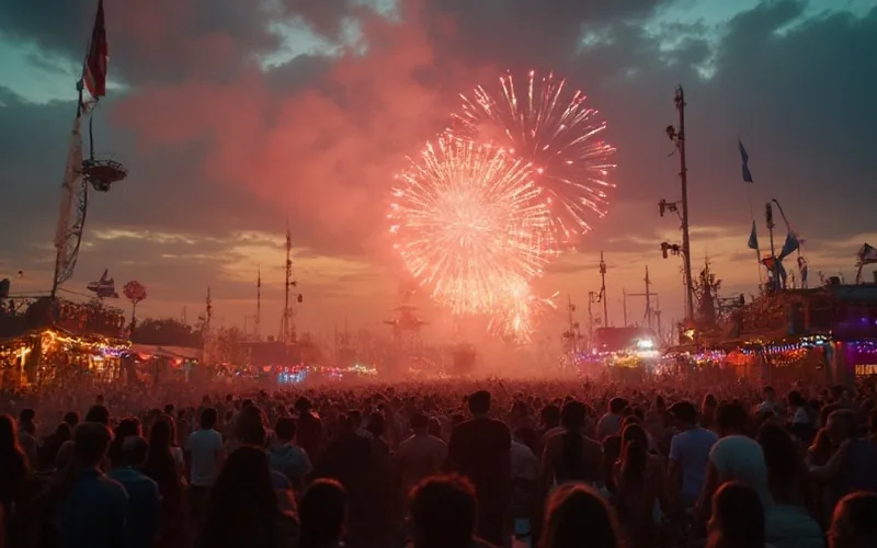 A festive crowd gathers at sunset on a sprawling fairground, surrounded by patriotic decorations and vibrant fireworks lighting up the night sky.