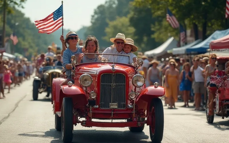 Festive Fourth of July parade in Cartersville with colorful floats, waving crowds, American flags, and bright summer daylight, cheerful community atmosphere.