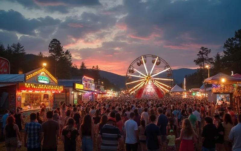 A festive summer crowd gathers at Dalton Fairgrounds with colorful food trucks, lively music stage, family activities, and an evening drone show lighting the sky.