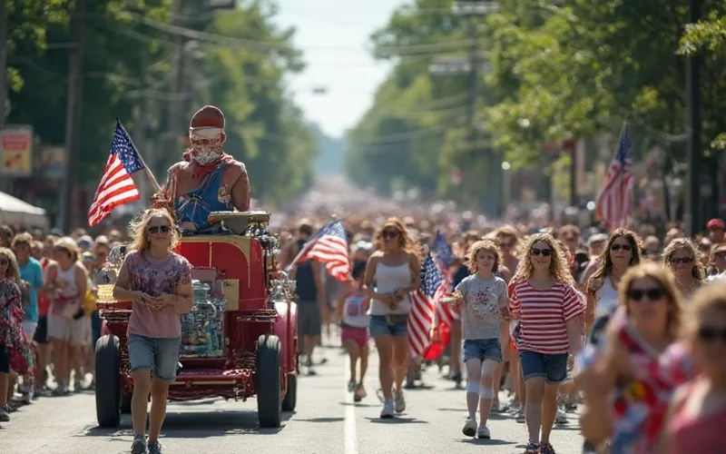 A vibrant Fourth of July parade in Jasper, Georgia, with festive floats, marching bands, waving flags, and families celebrating under sunny skies.