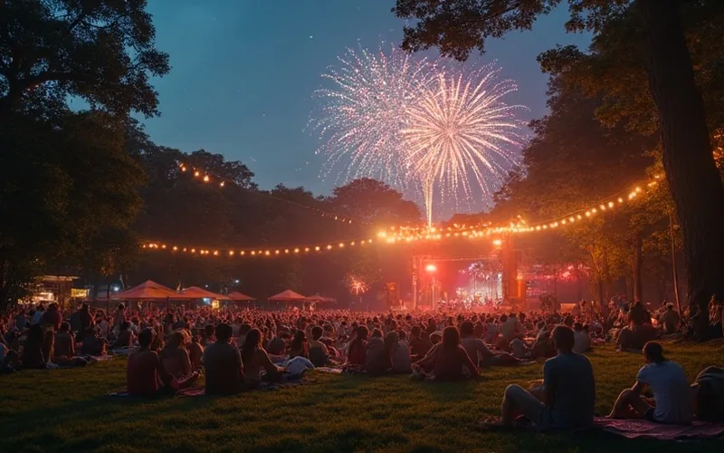 A vibrant summer evening in a small-town park with families on blankets, a stage with live music, and colorful fireworks lighting up the night sky.
