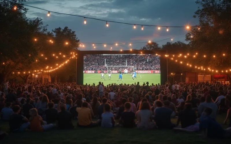 A lively evening crowd gathers on the grass at Burr Park, watching a soccer match on a giant outdoor screen under string lights.
