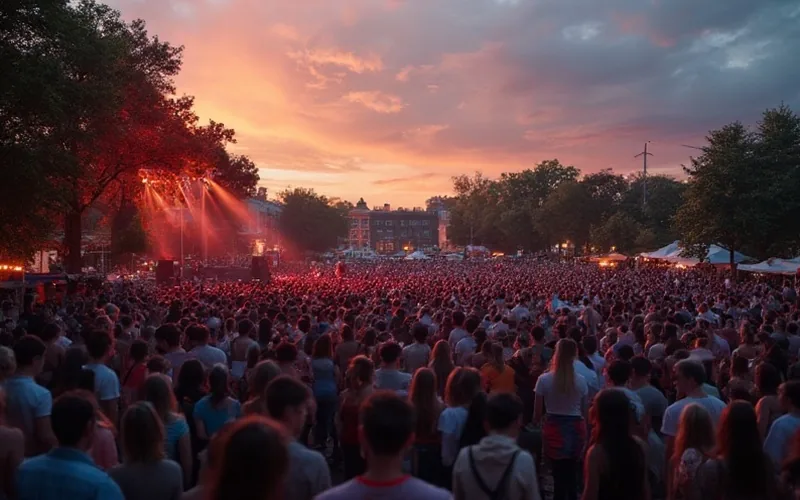 An outdoor summer concert in Burr Park at sunset, a lively crowd gathered near a stage with colorful lights, festive atmosphere, and small downtown buildings in the background. smaller stage
