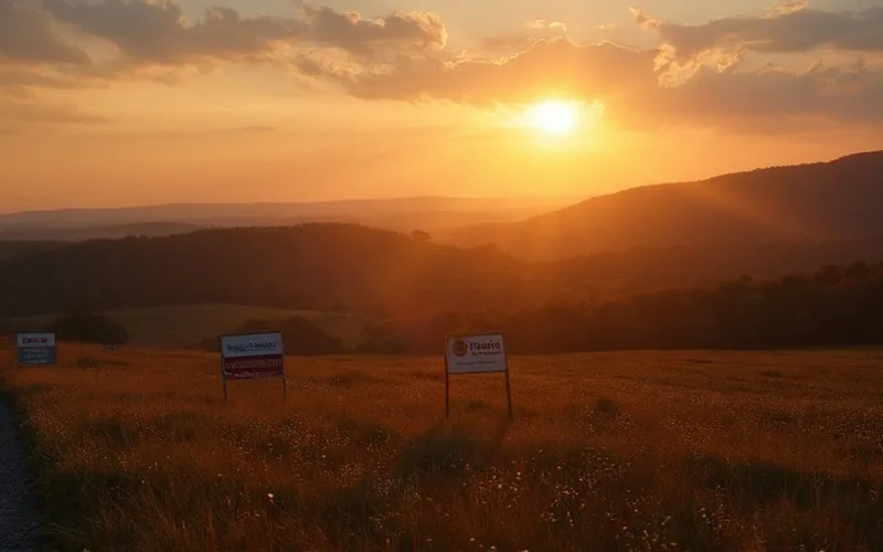 250-acre North Georgia property at sunrise, surrounded by rolling hills and auction signs.