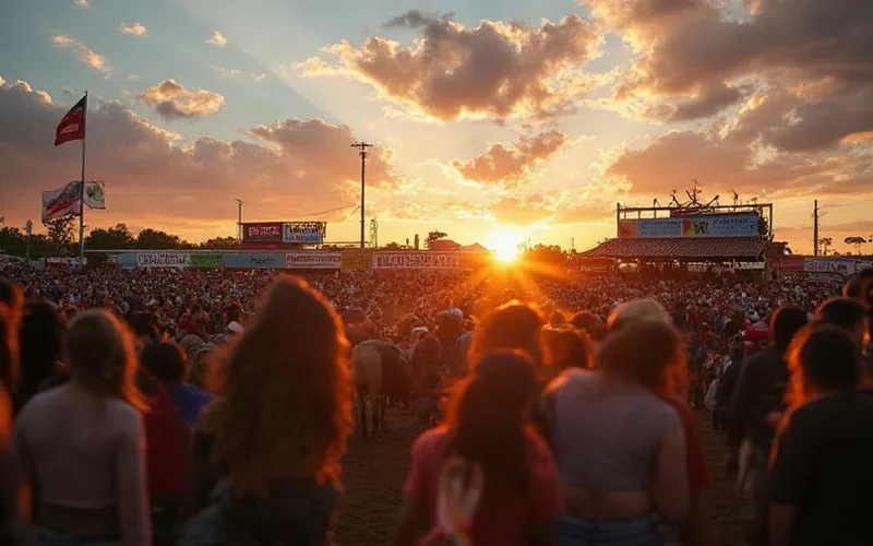 A lively rodeo arena at sunset in North Georgia, colorful banners and crowds gather near a radio station booth, energetic and festive atmosphere.