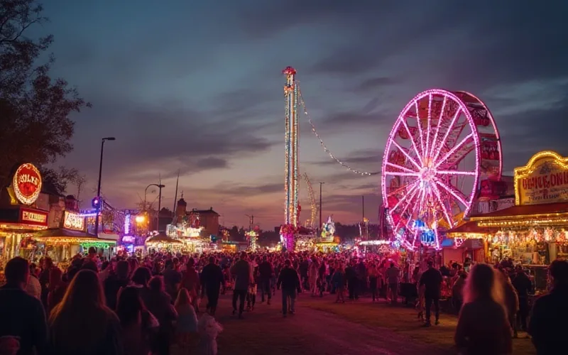 Colorful county fair at dusk in Calhoun, Georgia, vibrant lights on rides and booths, festive crowds enjoying autumn evening, lively and cheerful atmosphere.