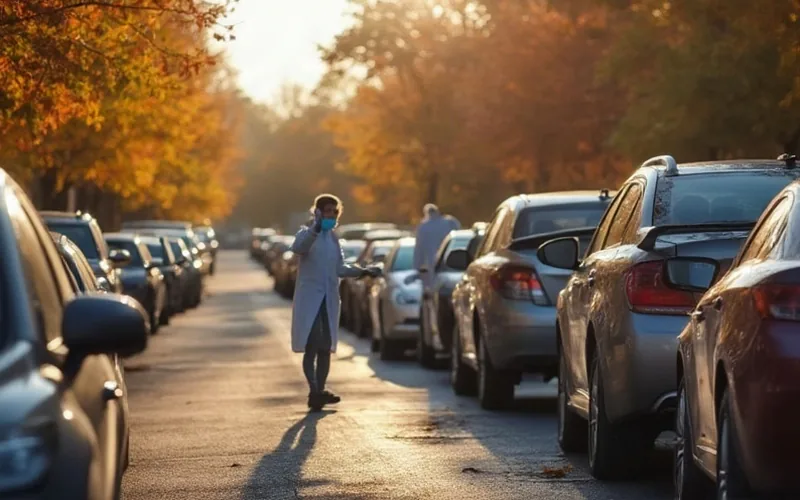 A line of cars at a drive-thru flu shot clinic in a recreation center parking lot, cheerful autumn atmosphere, morning sunlight, health workers in masks assisting drivers.