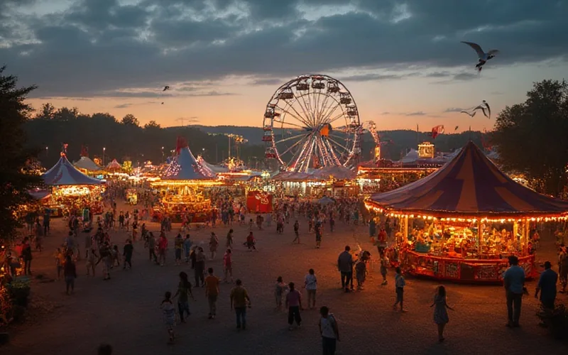 A lively autumn fairground in North Georgia at dusk, glowing with colorful midway rides, festive lights, food stalls, and cheerful families.