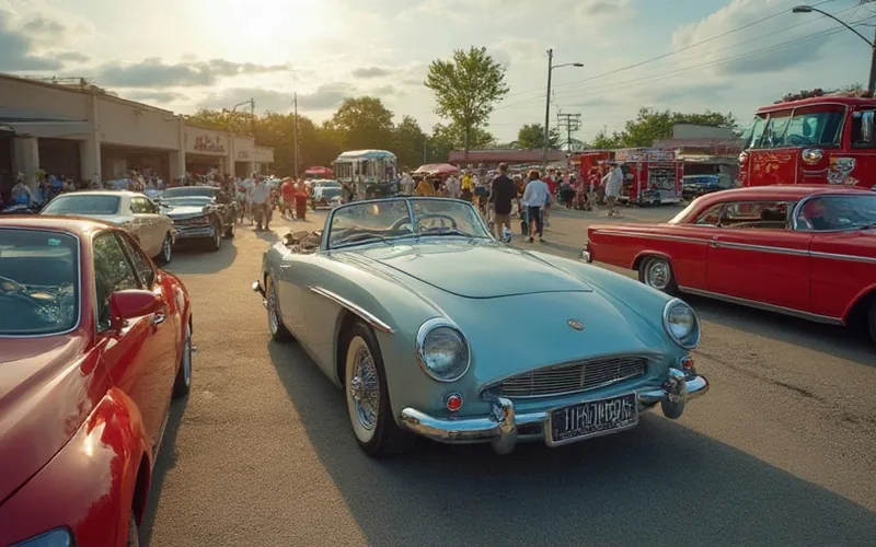 A lively car show at Watson Government Complex with classic vehicles on display, fire trucks, local vendors, families, and cheerful morning sunlight.