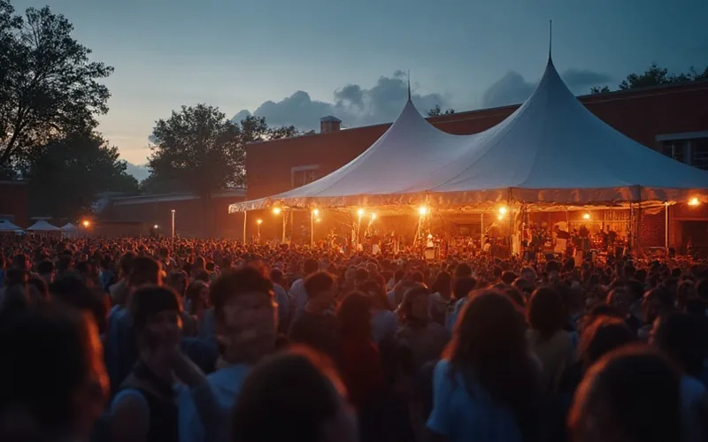 A lively evening revival under a large white tent outside a high school, with a diverse crowd, warm lighting, and a vibrant atmosphere of music and fellowship.