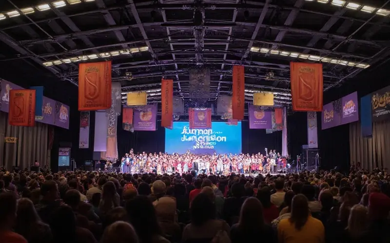 A bustling convention center decorated with banners, a lively stage set for a spelling bee, bright lights, and an enthusiastic audience in attendance.