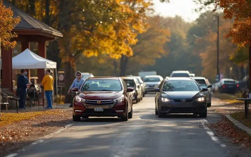 A cheerful autumn morning at a drive-thru flu shot clinic in Ellijay, cars lined up near a pavilion, nurses in masks, radio tent nearby.