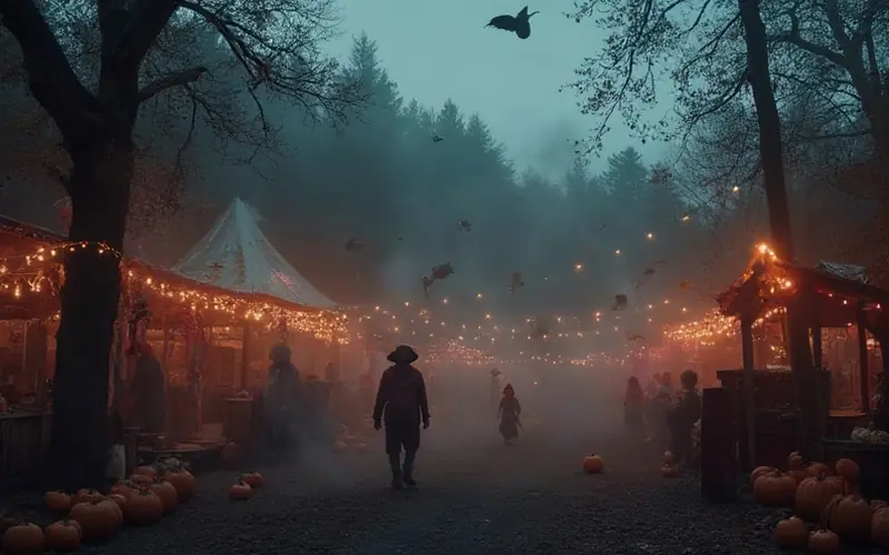 A spooky Halloween scene at dusk in the Georgia Mountain Fairgrounds, with eerie clown decorations, fog, glowing lanterns, and festive autumn atmosphere.